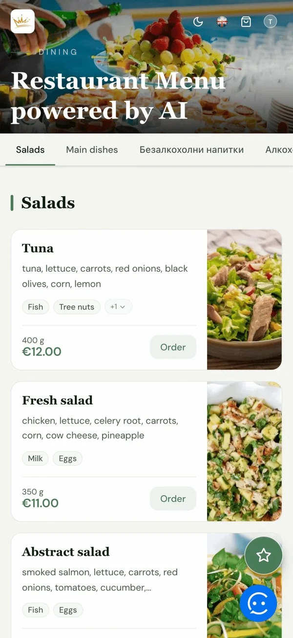 AI-powered restaurant menu screen