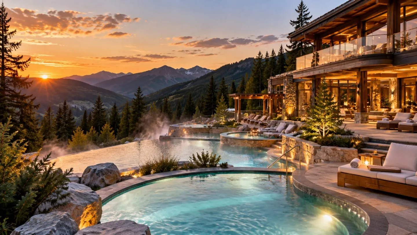 Alpine resort with outdoor pool at sunset