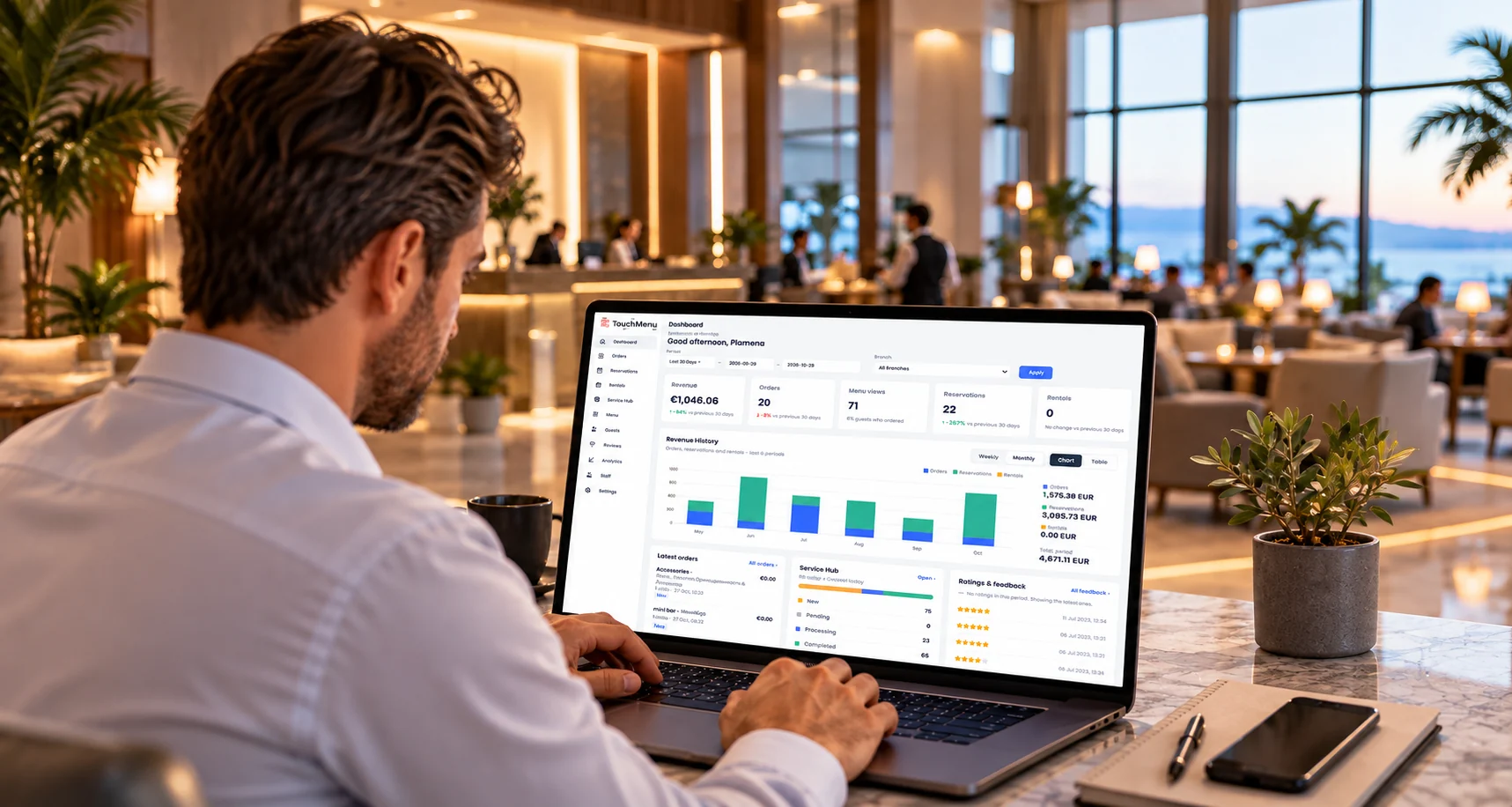 TouchMenu analytics dashboard on a laptop in a hotel lobby