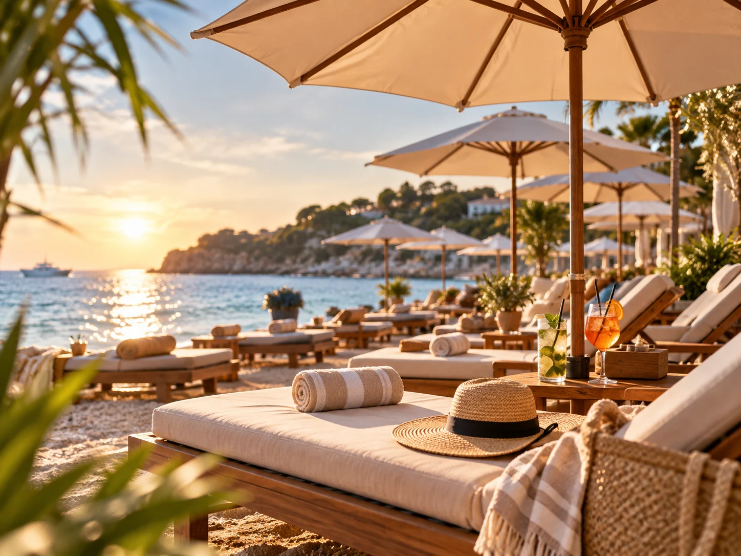 Beach loungers and umbrellas at sunset