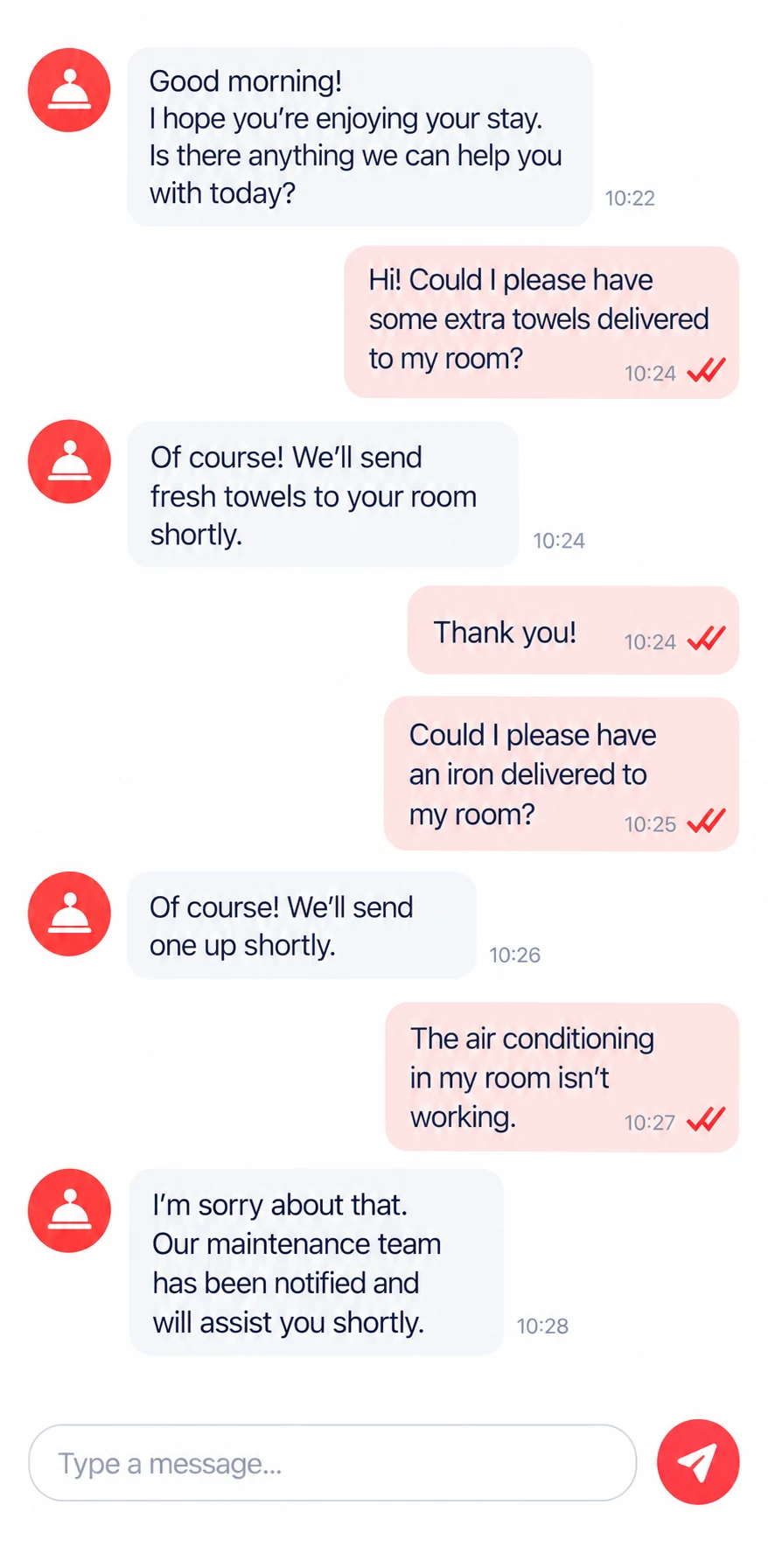 Guest requesting towels and an iron in the TouchMenu chat