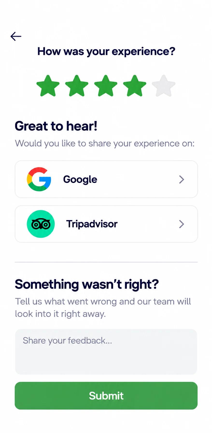 Guest feedback and review screen in TouchMenu
