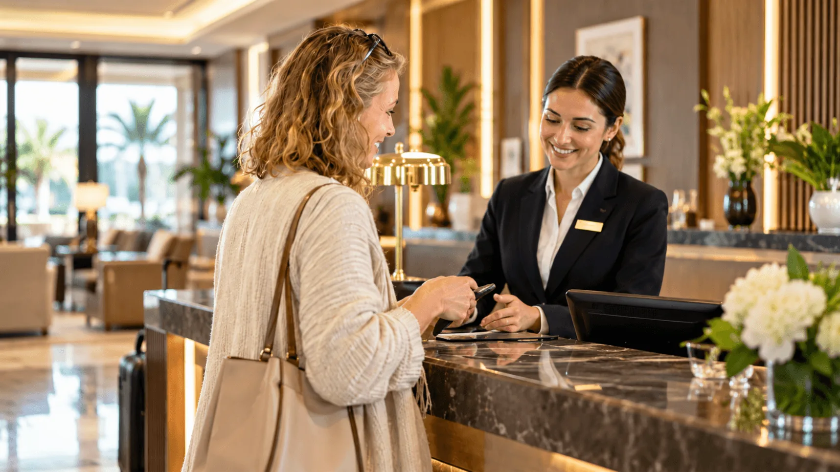 Guest welcomed at the hotel front desk