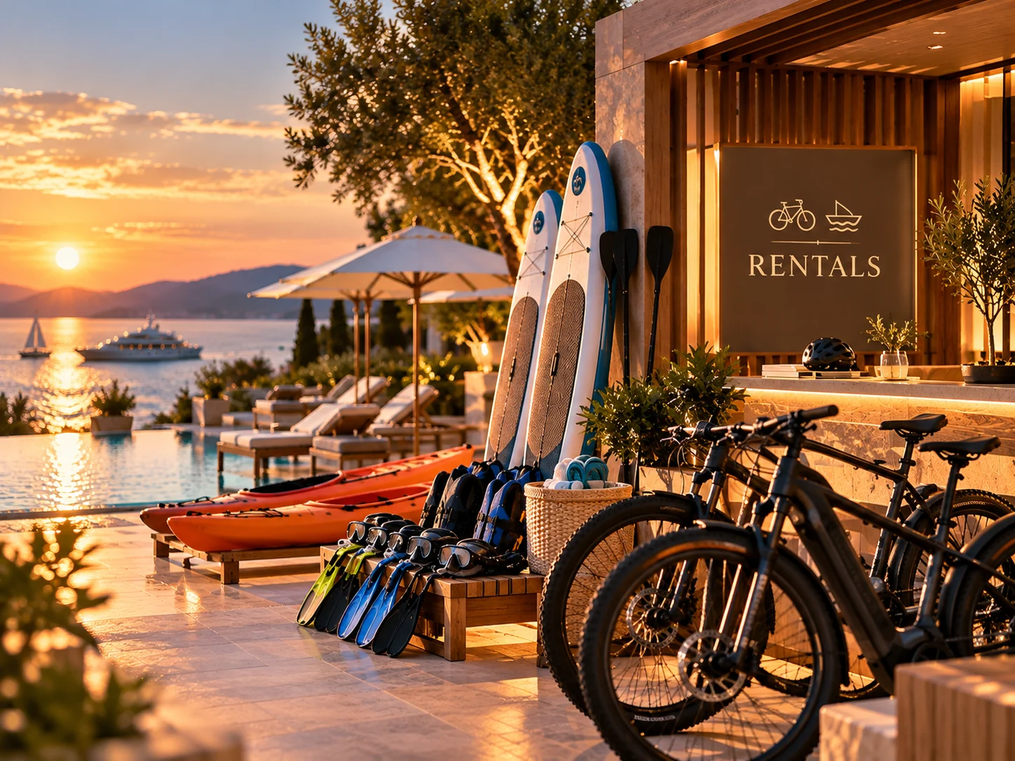 Resort rentals desk with bikes, kayaks and paddle boards