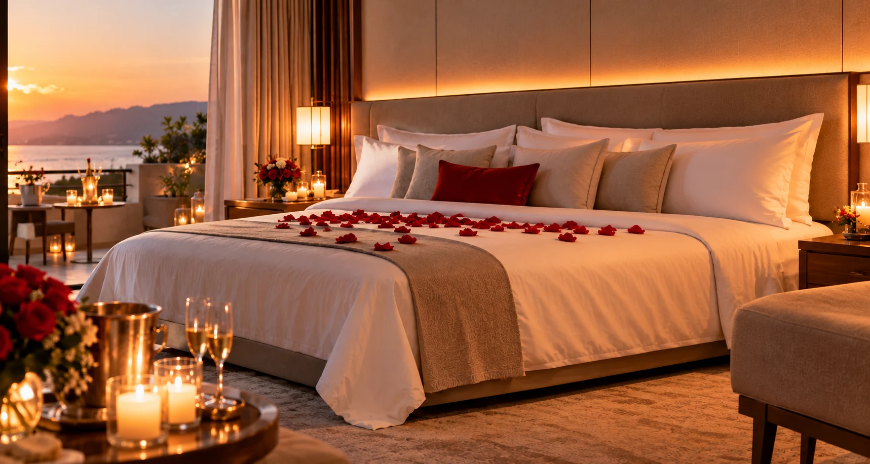 Romantic hotel room set-up with rose petals