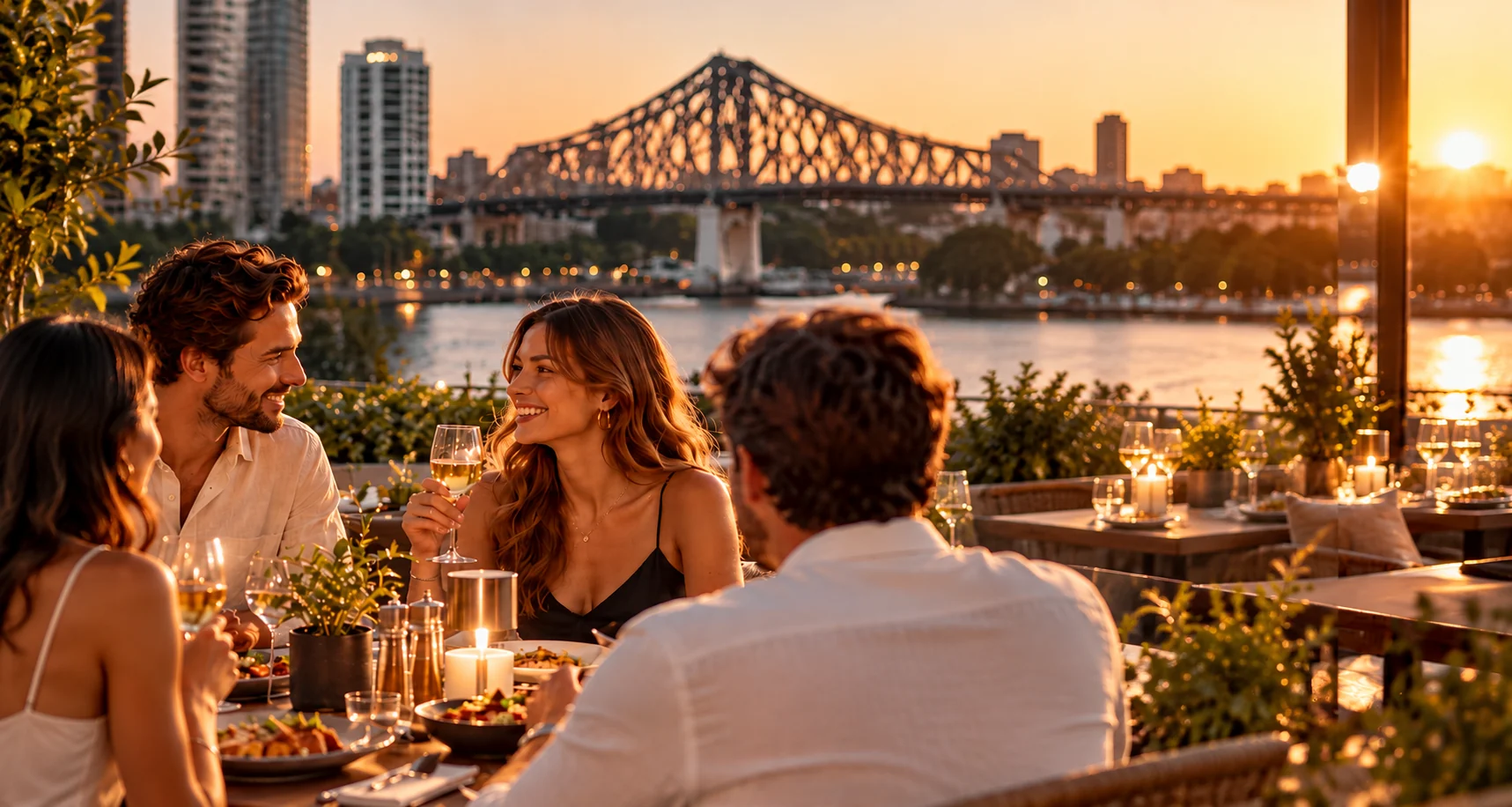 Guests dining on a rooftop terrace at sunset