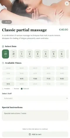 SPA treatment booking screen