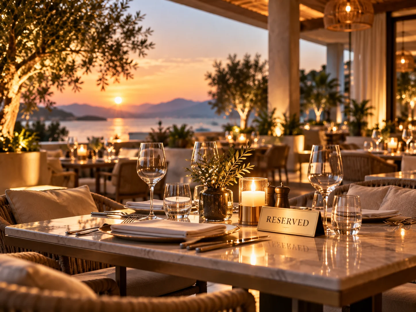 Reserved table on a restaurant terrace at sunset