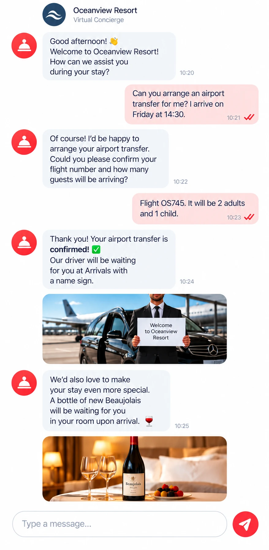 Airport transfer arranged in the TouchMenu guest chat